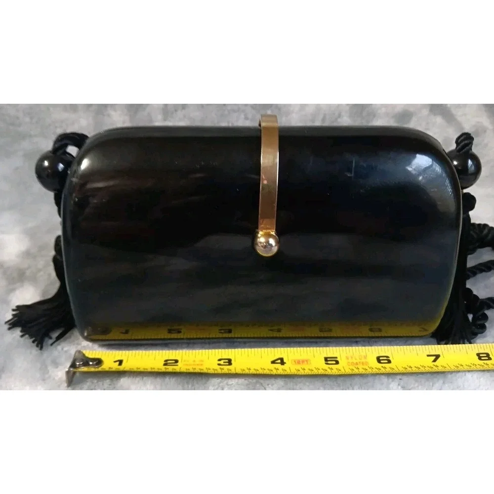 Vintage Hong Kong Made Plastic‎ Purse Black Tasseled Strap Gold Tone Latch READ